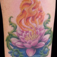 Flaming lotus in water tattoo in colour