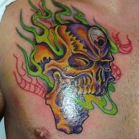 Flaming skull chest tattoo