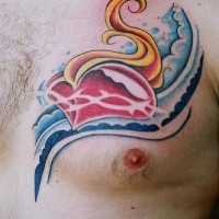Flaming heart on waves  tattoo