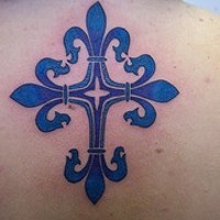 Blue fleur de lis cross tattoo