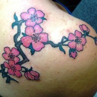 Tatuaggio colorato sulla spalla il ramoscello di sakura fiorito