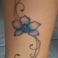 Leg tattoo, blue nice flower , styled with curls