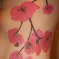 Rib tattoo, red, charming, beautiful flowers