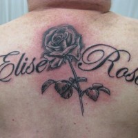 Le tatouage de haut du dos de mot Elise avec une rose