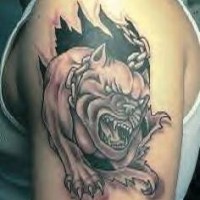 tatuaje de bull terrier enfadado en cadena rasgando la piel