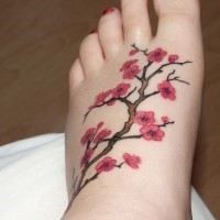 Wunderschönes Tattoo von feiner rosa Sakura auf dem Fuß