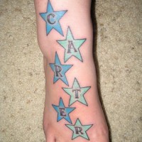 Tatuaje en el pie, nombre escrito en las estrellas azules