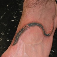 Tattoo von schwarzrotem realistischem Wurm auf dem Fuß