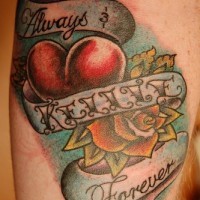 Always kellie forever, lettering,heart,rose forearm tattoo