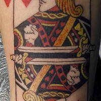 Jack of hearts, colourful devil's books forearm tattoo