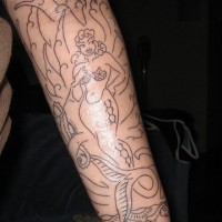 Uncoloured  sly appetizing mermaid forearm tattoo