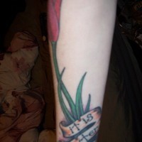 Tulip with ribbon:winter is here forearm tattoo