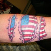 Colourful usa flags in different shapes forearm tattoo