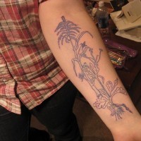 Black tall plant with many leaves forearm tattoo