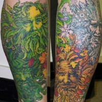 Bein Tattoo, vier Jahreszeiten, dekorierte Männergesichter