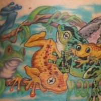 Whole bunch of frog colourful tattoo