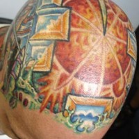 Tattoo von sonniger Innenstadt mit Häusern  auf dem Kopf