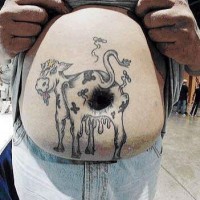 Funny cow butt hole tattoo on large tummy button