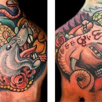 Coloured indian deity both hands tattoo