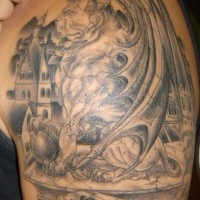 Mraz gargoyle in city tattoo