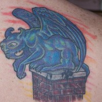 Blue gargoyle on chimney tattoo