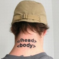 Web language head and body clever tattoo on neck