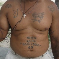 Stomach tattoo, no fear bitch, baja y gosa, 69