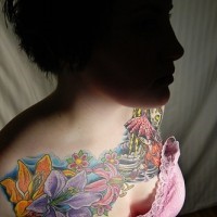 Colourful bunch of sea flowers tattoo on chest