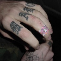 Special styled  inscription on fingers hand tattoo