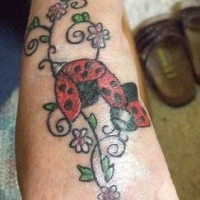 Tattoo von zwei süßen Marienkäfern, Pflanze mit Blümchen an der Hand
