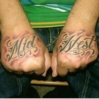Midwest, parted curled inscription hand tattoo
