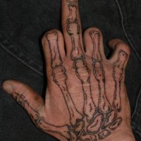 Colorless bones, real size skull hand tattoo