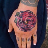 Artistic styled colourful rose and name hand tattoo