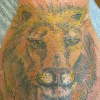 Nasty yellow head of a lion hand tattoo