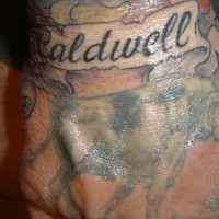 Tatuaje en la mano, búfalo de colores tenues, inscripción
