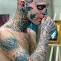 Unfinished zombie boy head face neck tattoo