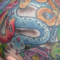 Tattoo von vielen farbigen Schlanfen auf dem Kopf