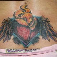 Black flaming heart with wings tattoo