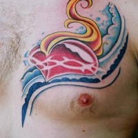Flaming heart in waves tattoo