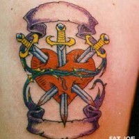 Heart with three swords coloured tattoo