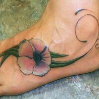 White and pink hibiscus flower tattoo on foot