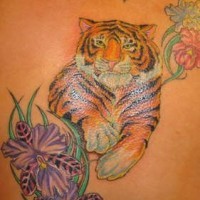 Le tatouage réaliste de tigre avec les fleurs en couleur