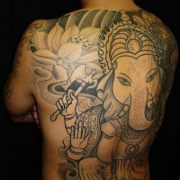 Ganesha deity full back black ink tattoo