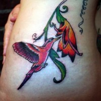Großes Tattoo von schönem fliegendem neben einer Blume Kolibri an der Hüfte