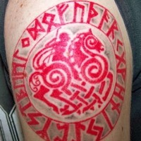 Horseman with runes red tattoo