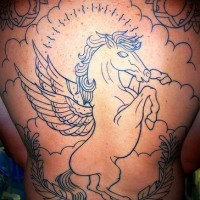 Pegasus in clouds full back tattoo