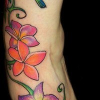Hummingbird and purple flowers vine tattoo