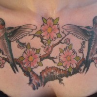 Symmetrical hummingbirds tattoo on chest