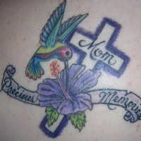 Cross and hummingbird memorial tattoo
