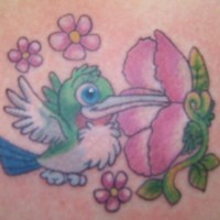 Cartoonish hummingbird lady tattoo